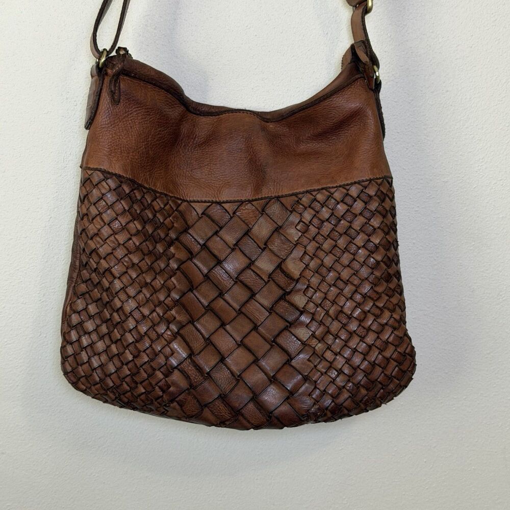 Marta Ponti Woven Slouchy Hobo Bag Brown Leather Shoulder Bag Purse Boho Western